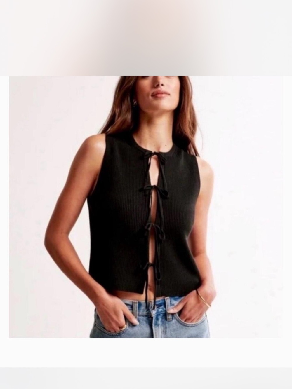 Abercrombie & Fitch Black Ribbed Sleeveless Tie-Front Top